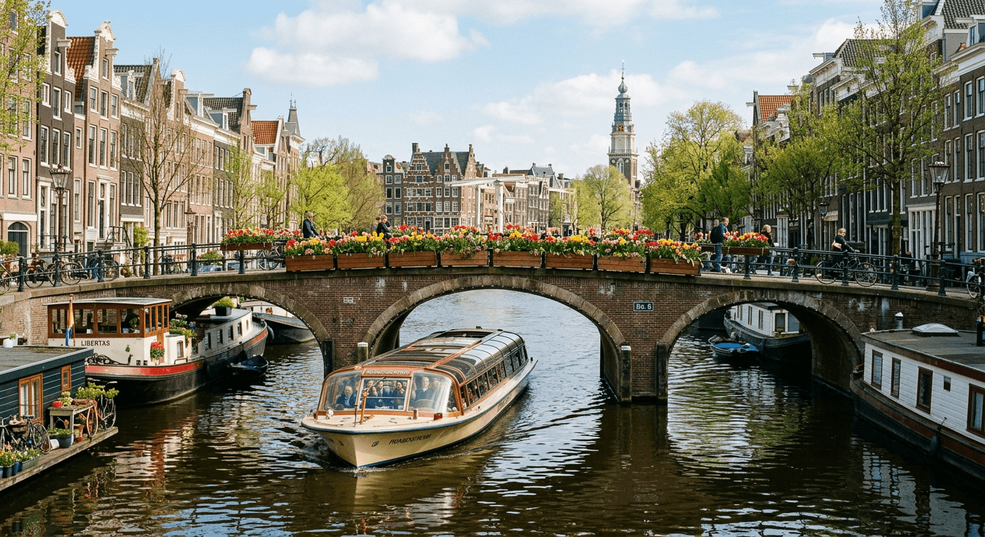 Biciclete parcate pe un pod peste un canal din Amsterdam, toamna