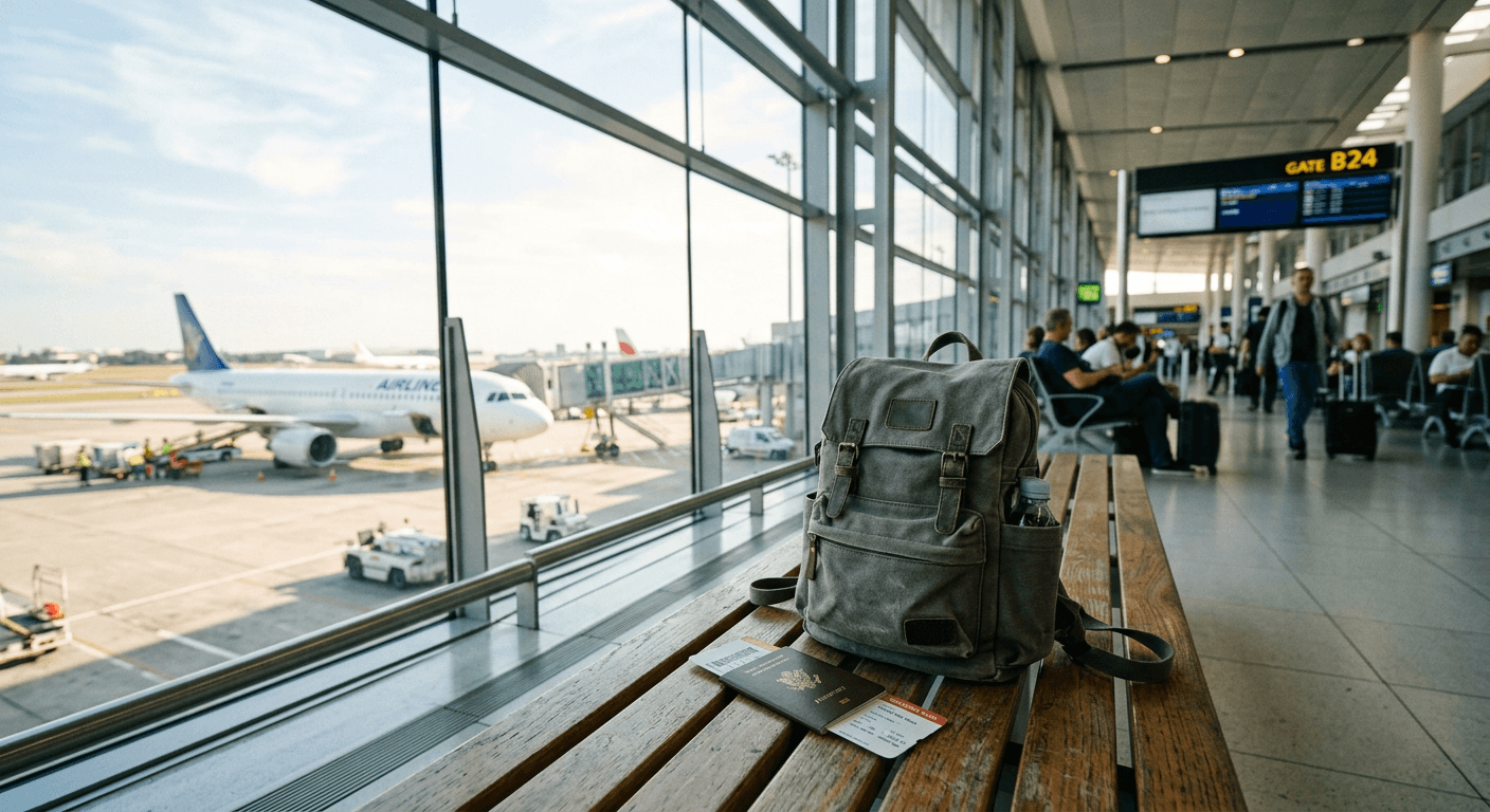 Pașaport, hartă, carte de îmbarcare și un rucsac mic pe o masă de lemn