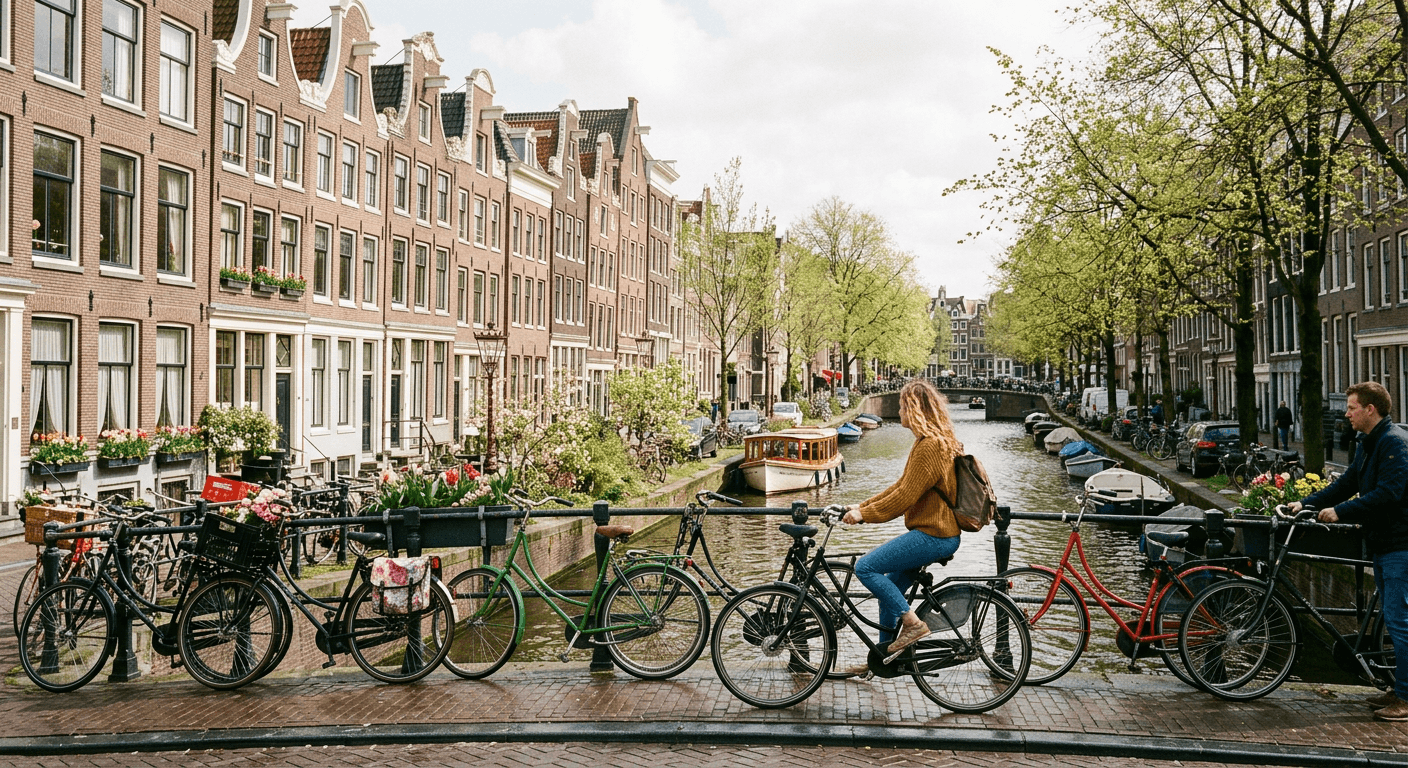 Canal din Amsterdam cu case înguste și biciclete pe pod