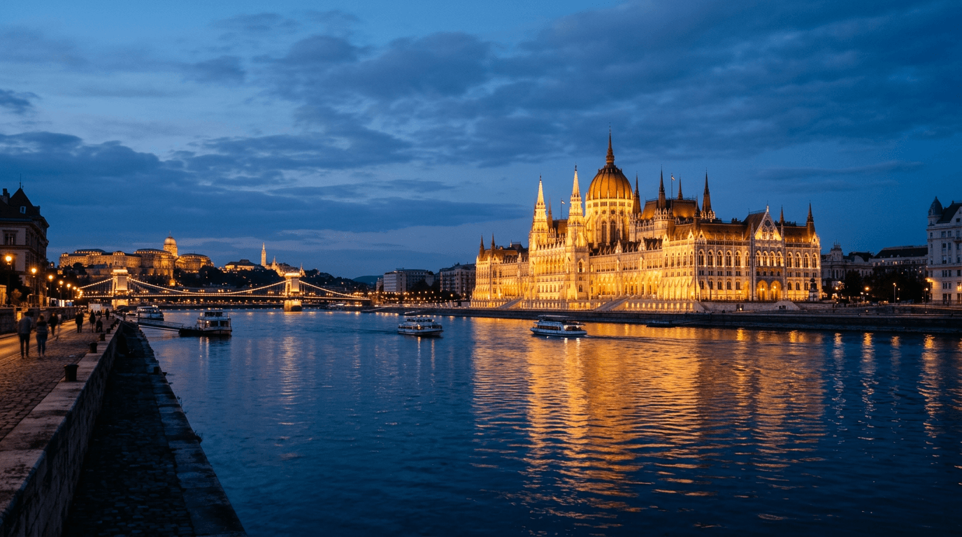 Parlamentul din Budapesta pe Dunăre, la ora albastră