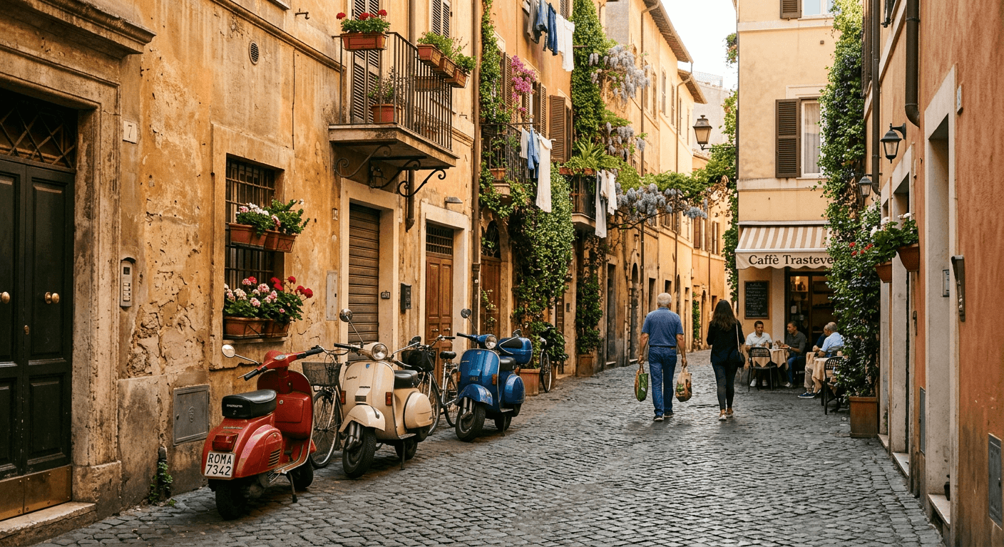 Stradă pietruită din Trastevere, cu clădiri ocru și iederă